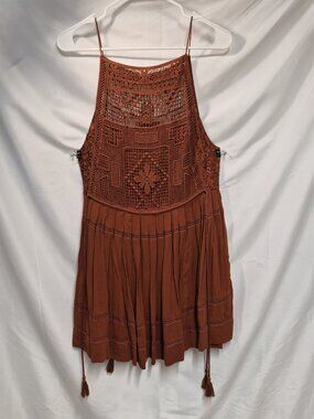 Free People Copper Boho Crochet Lace Bodice Mini Dress Size Medium NWT